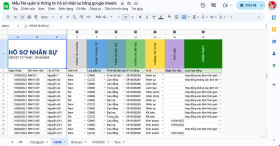 Mẫu File quản lý thông tin hồ sơ nhân sự bằng google sheets