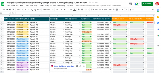 File quản lý mối quan hệ ứng viên bằng Google Sheets | CRM tuyển dụng | CRM HR V2.0