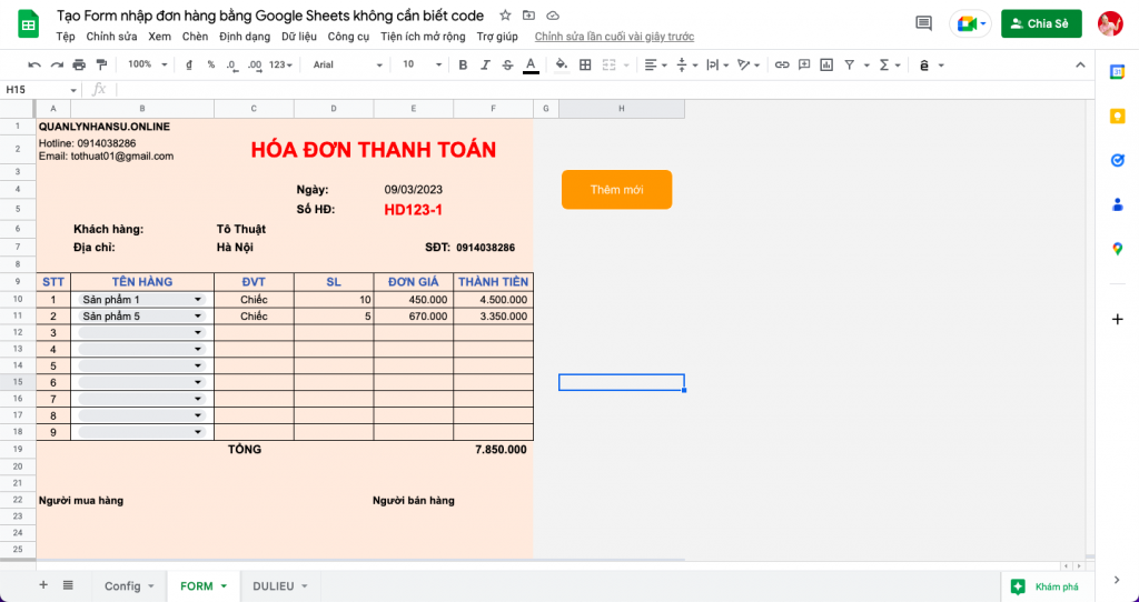 Tạo Form nhập đơn hàng bằng Google Sheets không cần biết code – Quản lý