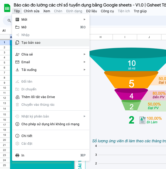 Bước 1: Mở tệp Google Sheets mà bạn muốn sao chép. Trên thanh công cụ chọn Tệp