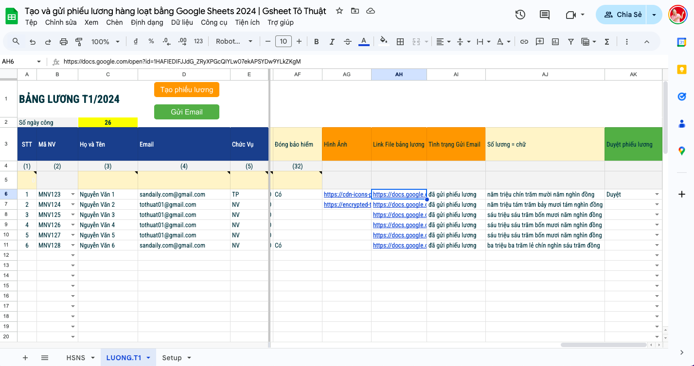 Tạo và gửi phiếu lương hàng loạt bằng Google Sheets 2024