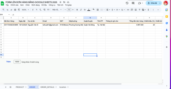 tạo form đơn hàng bàng google sheets