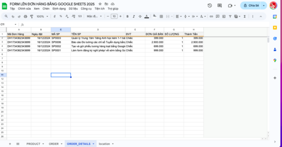tạo form đơn hàng bàng google sheets
