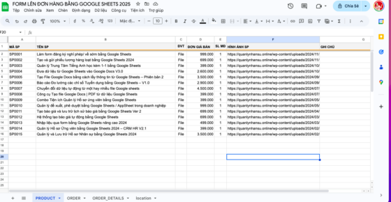 tạo form đơn hàng bàng google sheets