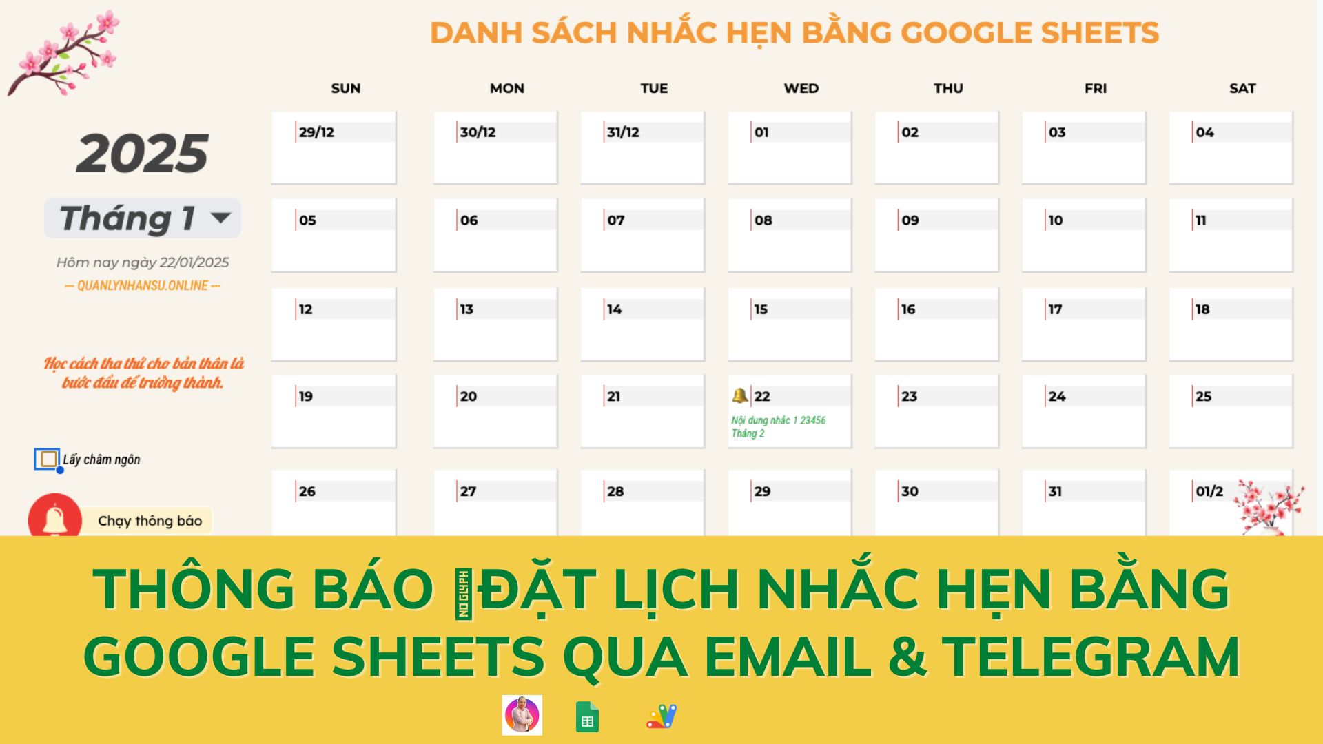 Thông báo lịch nhắc hẹn bằng Google sheets qua Gmail và Telegram Thông báo lịch nhắc hẹn bằng Google sheets qua Gmail và Telegram