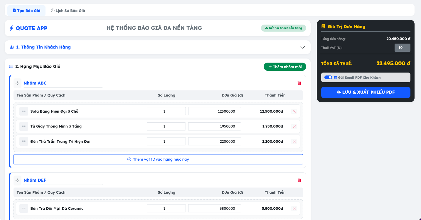 Hệ thống tạo Báo giá Web App Kéo Thả Từ Google Sheets | Xuất PDF & Gửi Email Tự Động Hệ thống tạo Báo giá Web App Kéo Thả Từ Google Sheets | Xuất PDF & Gửi Email Tự Động